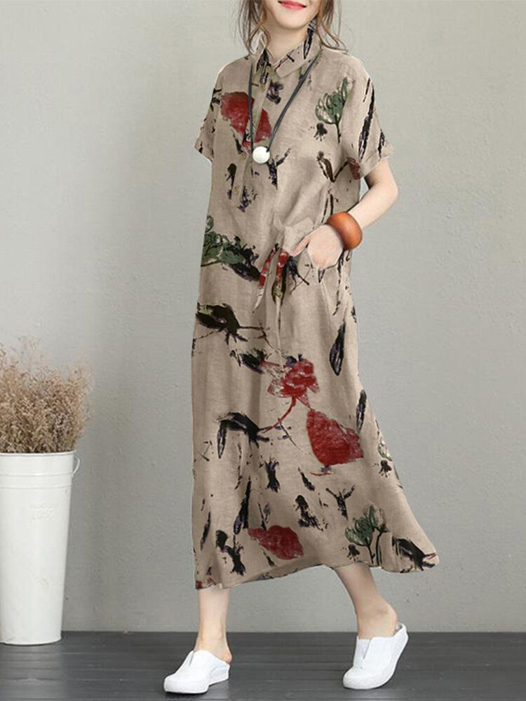 Kwiatowa Sukienka Z Kieszeniami Na Guziki Z Krótkim Rękawem Casual Maxi Dress