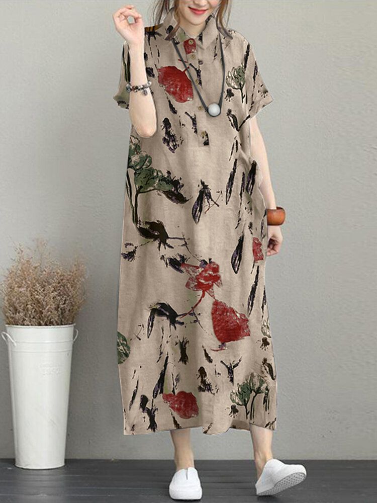 Kwiatowa Sukienka Z Kieszeniami Na Guziki Z Krótkim Rękawem Casual Maxi Dress