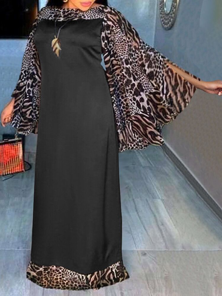 Leopard Print Splicing Leisure Casual Holiday Maxi Dress Dla Kobiet