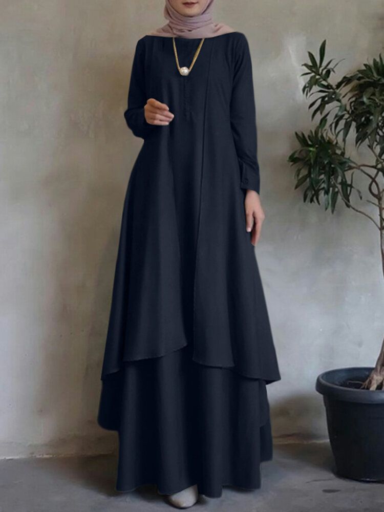 O-neck Solidna Dwuwarstwowa Sukienka Abaya Kaftan W Stylu Cyganerii Dla Kobiet