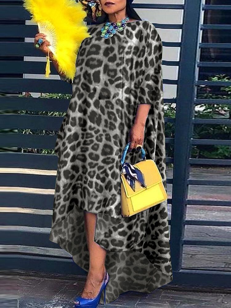 Okrągły Dekolt Leopard Print Leisure Casual Dress Dla Kobiet