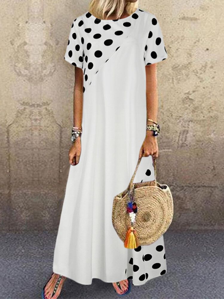 Polka Dot Print Patchwork Z Krótkim Rękawem Holiday Bohemia Maxi Dress Dla Kobiet