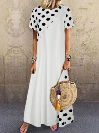 Polka Dot Print Patchwork Z Krótkim Rękawem Holiday Bohemia Maxi Dress Dla Kobiet