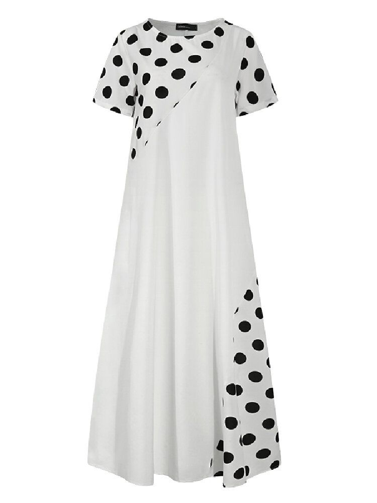 Polka Dot Print Patchwork Z Krótkim Rękawem Holiday Bohemia Maxi Dress Dla Kobiet