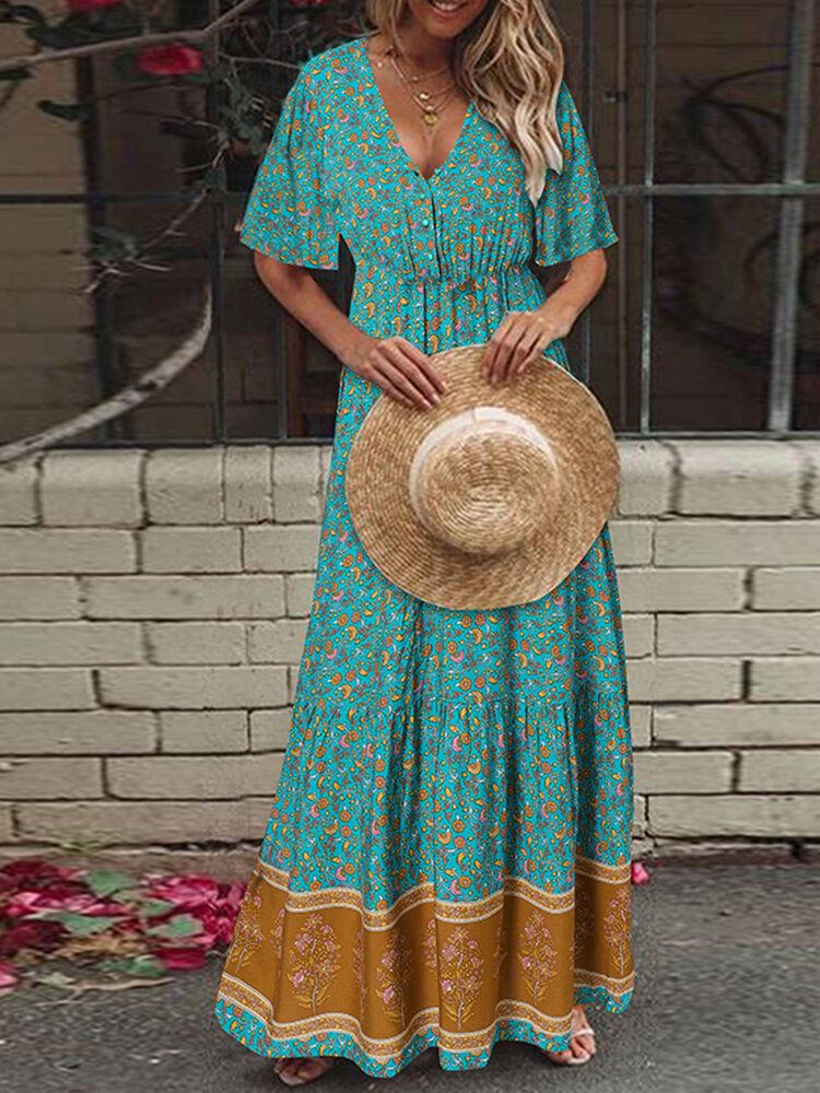 Retro Kwiatowy Wzór Z Dekoltem W Szpic Z Krótkim Rękawem Elastyczna Talia Wakacyjna Sukienka Maxi W Stylu Boho