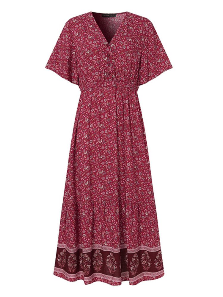 Retro Kwiatowy Wzór Z Dekoltem W Szpic Z Krótkim Rękawem Elastyczna Talia Wakacyjna Sukienka Maxi W Stylu Boho