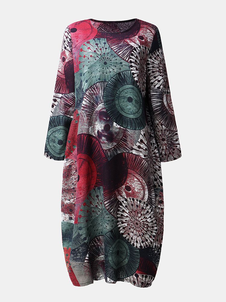 Vintage Print O-neck Z Długim Rękawem Casual Dress Z Kieszeniami