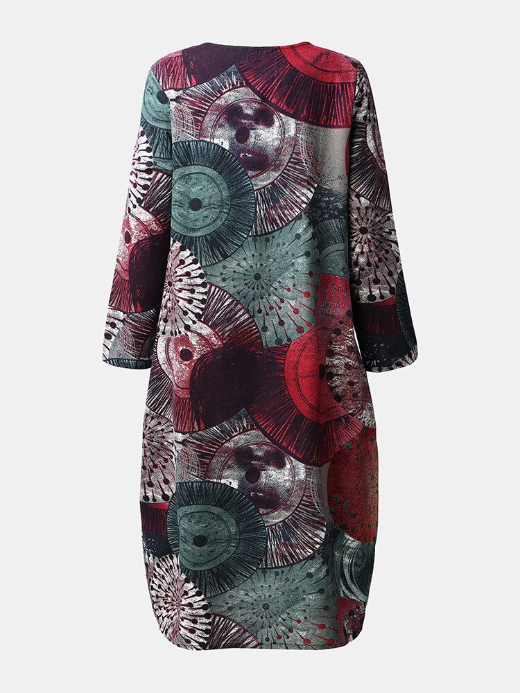 Vintage Print O-neck Z Długim Rękawem Casual Dress Z Kieszeniami