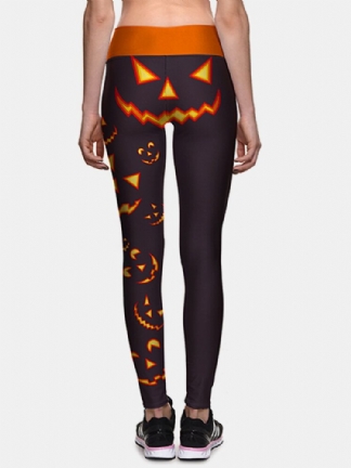 Kobiety Halloween Side Pumpkin Print Wysoka Talia Slim Sport Pants