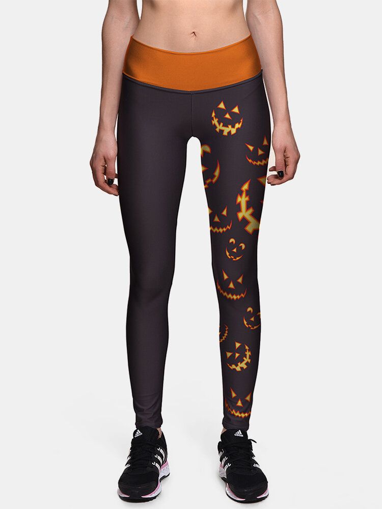 Kobiety Halloween Side Pumpkin Print Wysoka Talia Slim Sport Pants