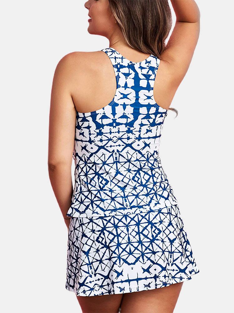 Abstrakcyjny Wzór Geometryczny Szerokie Ramiączka Summer Beach Blue Swimdress