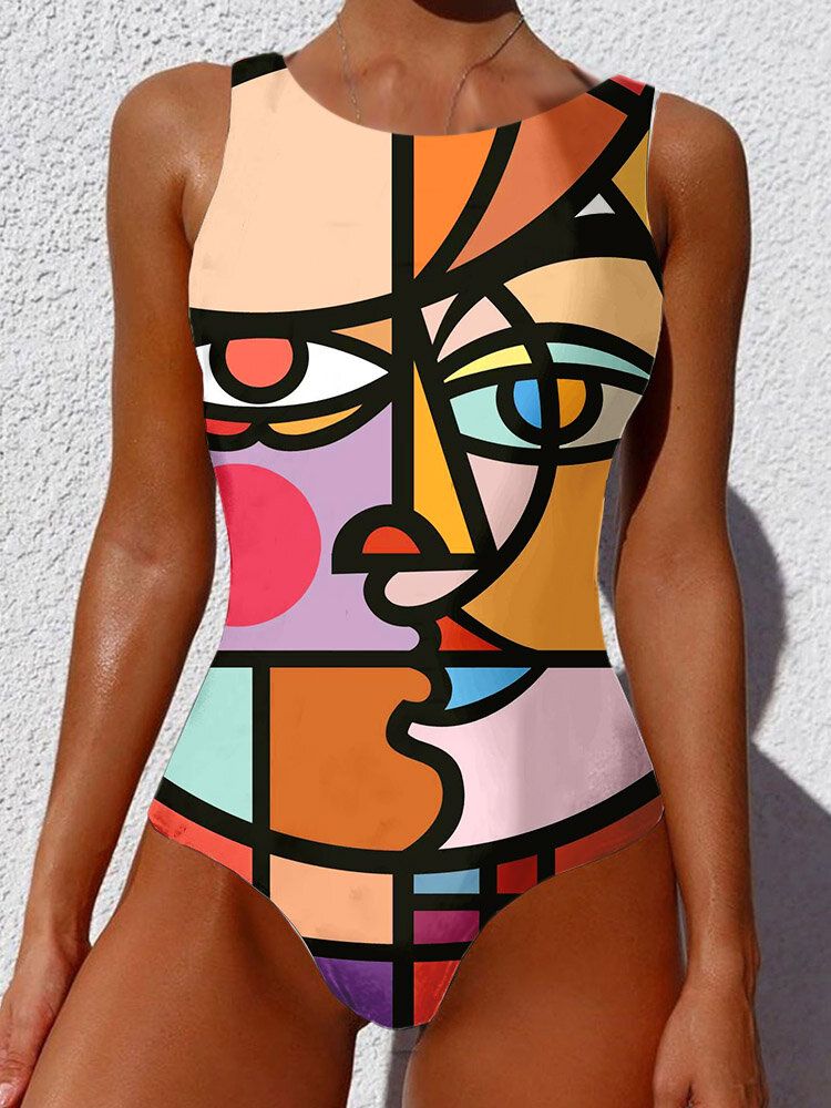 Kobiety Abstrakcyjna Figura Drukuj Szerokie Paski Backless Beach One Piece