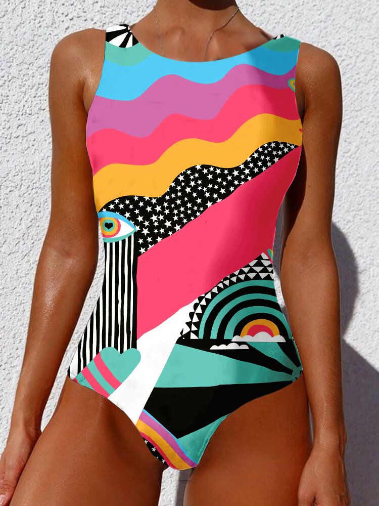 Kobiety Abstrakcyjna Figura Drukuj Szerokie Paski Backless Beach One Piece