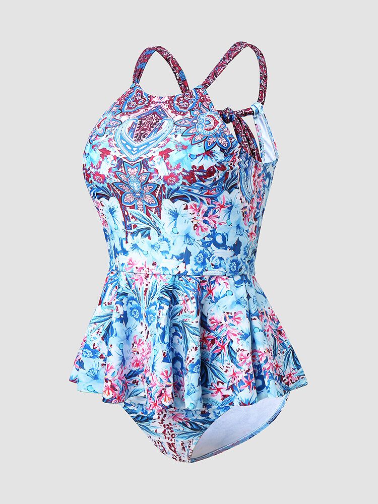 Kobiety Floral Print Ruffle Trim Wiązane Plecy Hollow Wakacje Bikini Stroje Kąpielowe