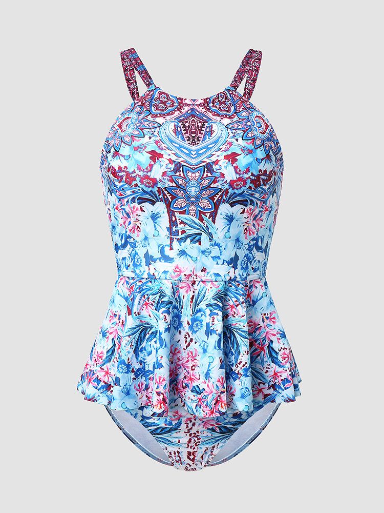 Kobiety Floral Print Ruffle Trim Wiązane Plecy Hollow Wakacje Bikini Stroje Kąpielowe