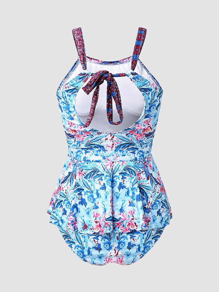 Kobiety Floral Print Ruffle Trim Wiązane Plecy Hollow Wakacje Bikini Stroje Kąpielowe