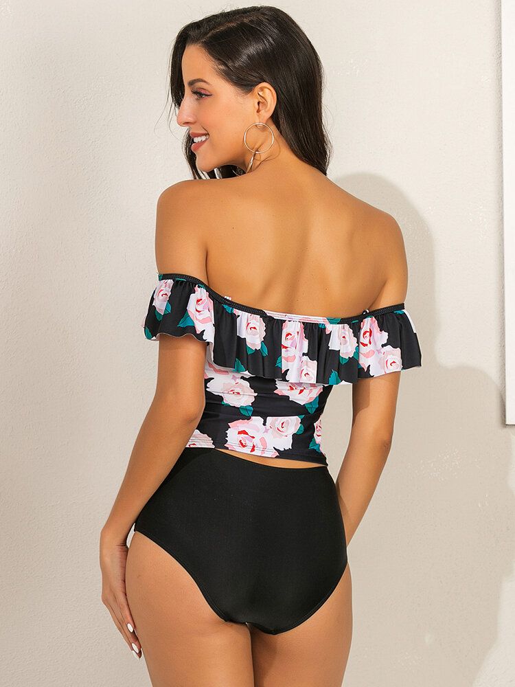 Kobiety Floral Print Ruffles Wysoka Talia Tankini Hawaje Plaża Stroje Kąpielowe