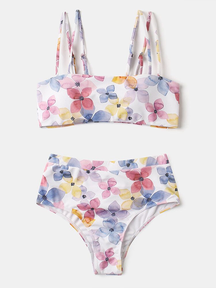 Kobiety Floral Print Spaghetti Pasy Bez Pleców Wysoka Talia Bikini Plaża Stroje Kąpielowe