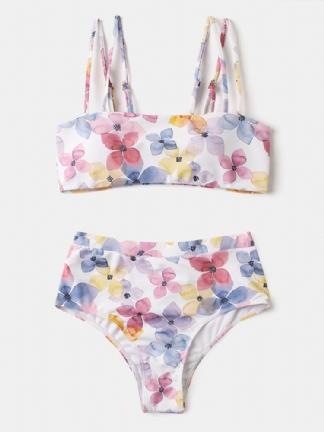 Kobiety Floral Print Spaghetti Pasy Bez Pleców Wysoka Talia Bikini Plaża Stroje Kąpielowe