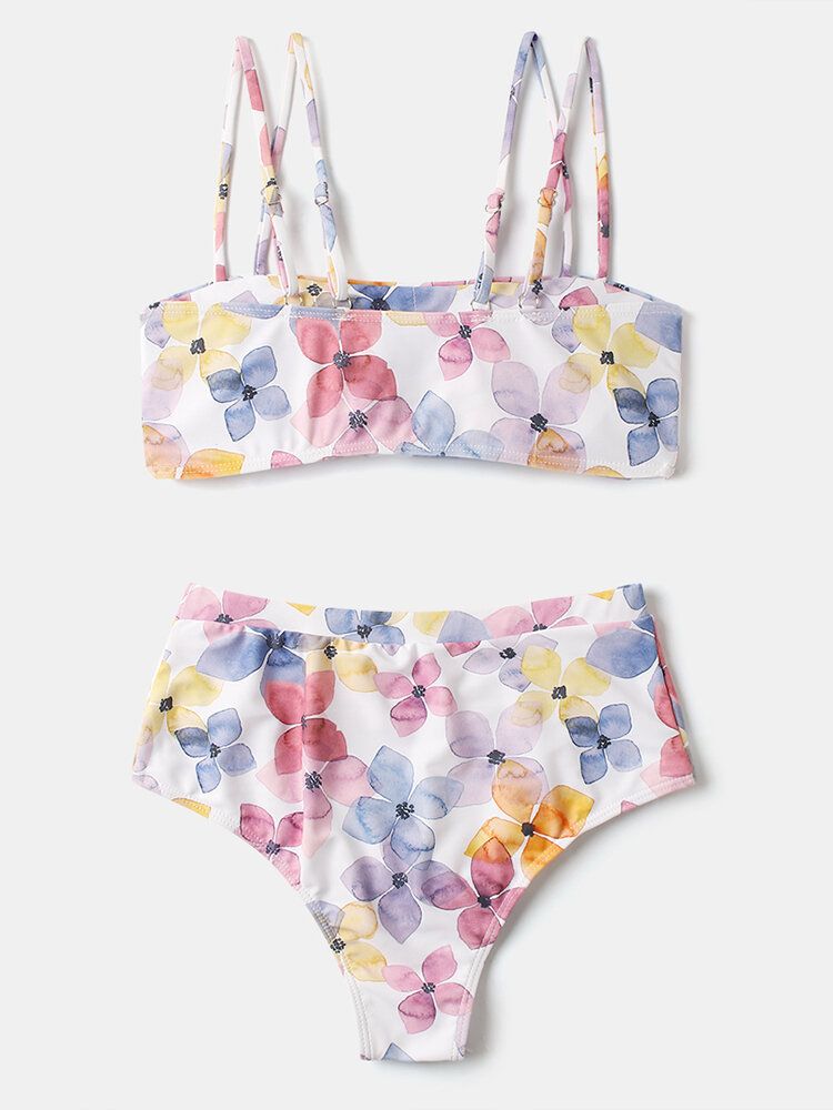 Kobiety Floral Print Spaghetti Pasy Bez Pleców Wysoka Talia Bikini Plaża Stroje Kąpielowe