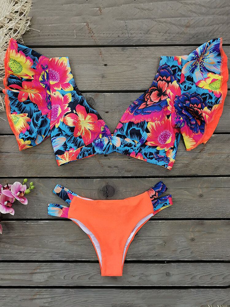 Kobiety Floral Wzburzyć Rękaw V-neck Bez Pleców Sznurowane Wakacje Plaża Bikini