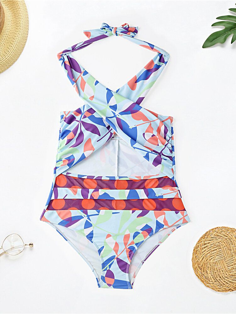 Kobiety Kolorowe Nadruki Bez Pleców Wysoka Talia Krzyż Beach Holiday Halter One Piece