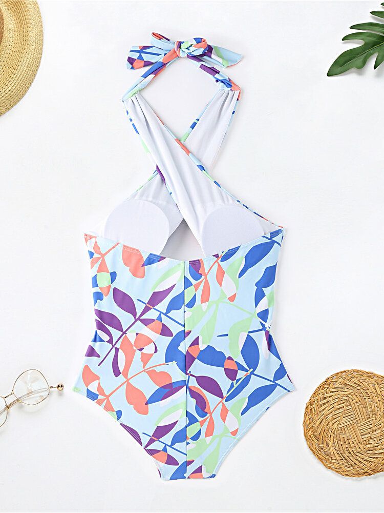 Kobiety Kolorowe Nadruki Bez Pleców Wysoka Talia Krzyż Beach Holiday Halter One Piece