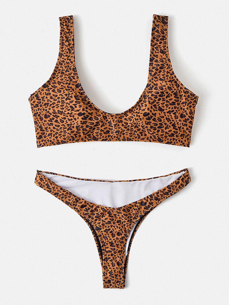 Kobiety Leopard Animal Print Szerokie Ramiączka Backless Bikini Stringi Stroje Kąpielowe