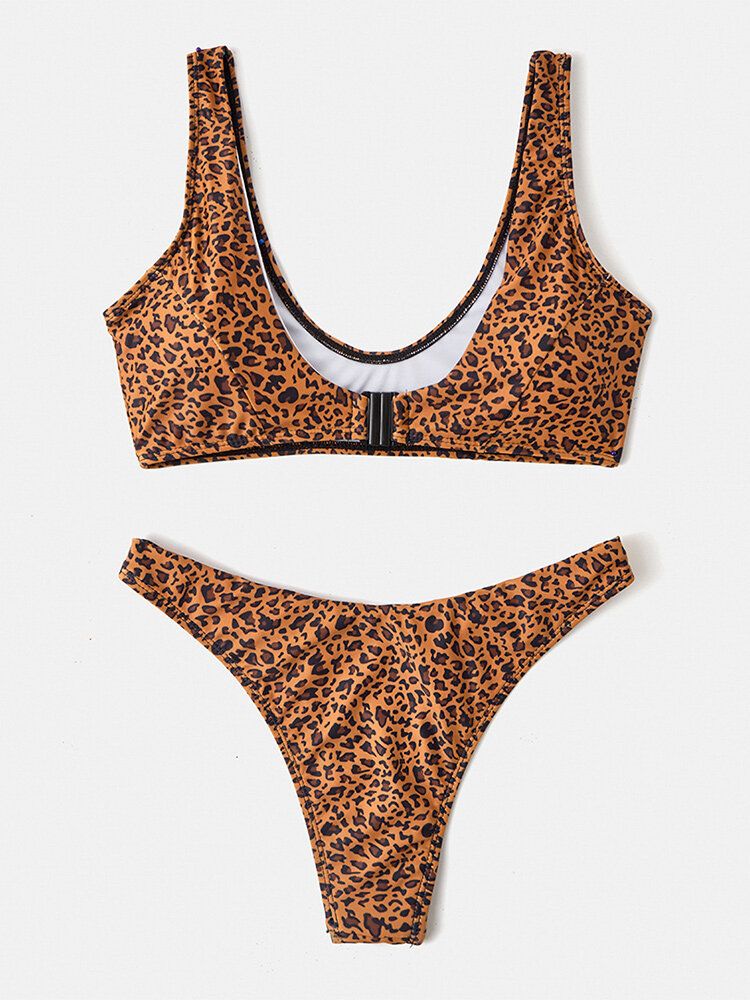 Kobiety Leopard Animal Print Szerokie Ramiączka Backless Bikini Stringi Stroje Kąpielowe