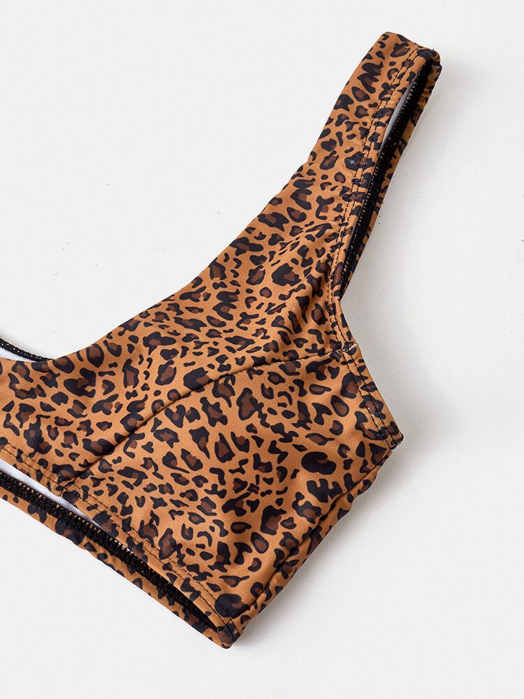 Kobiety Leopard Animal Print Szerokie Ramiączka Backless Bikini Stringi Stroje Kąpielowe