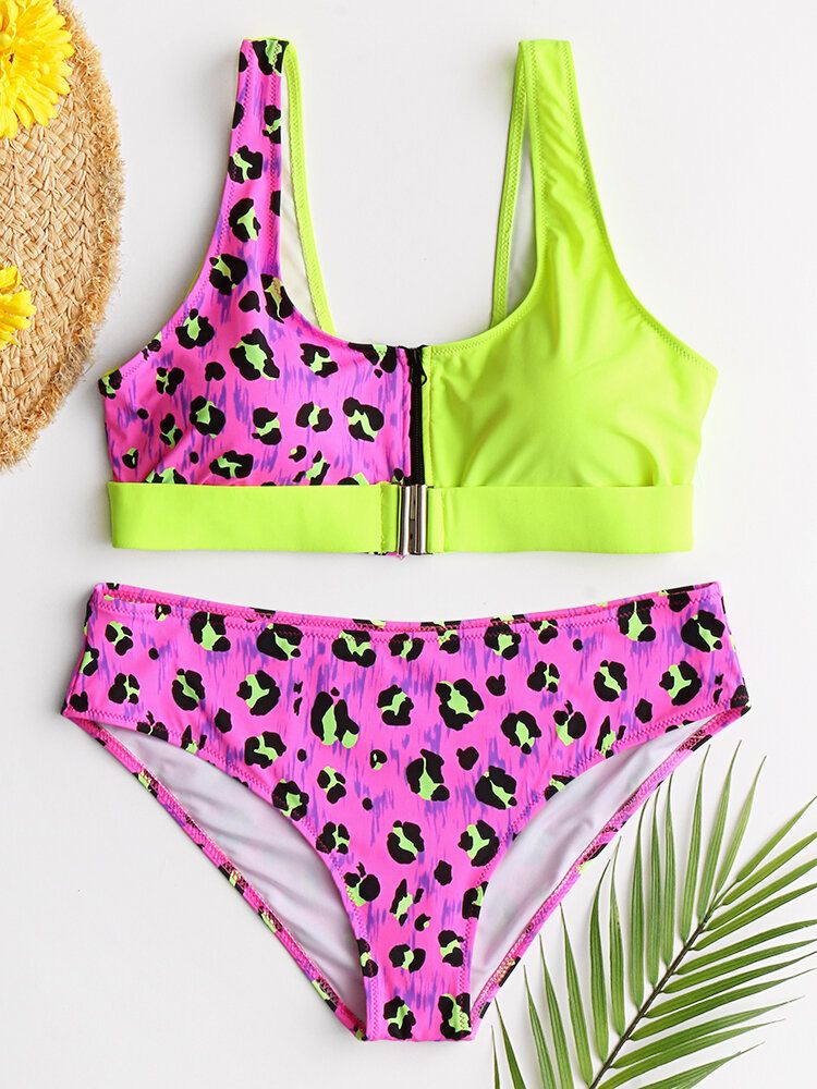 Kobiety Leopard Patchwork Bikini Stroje Kąpielowe Bez Pleców Z Przodu Suwak