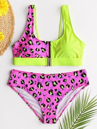 Kobiety Leopard Patchwork Bikini Stroje Kąpielowe Bez Pleców Z Przodu Suwak