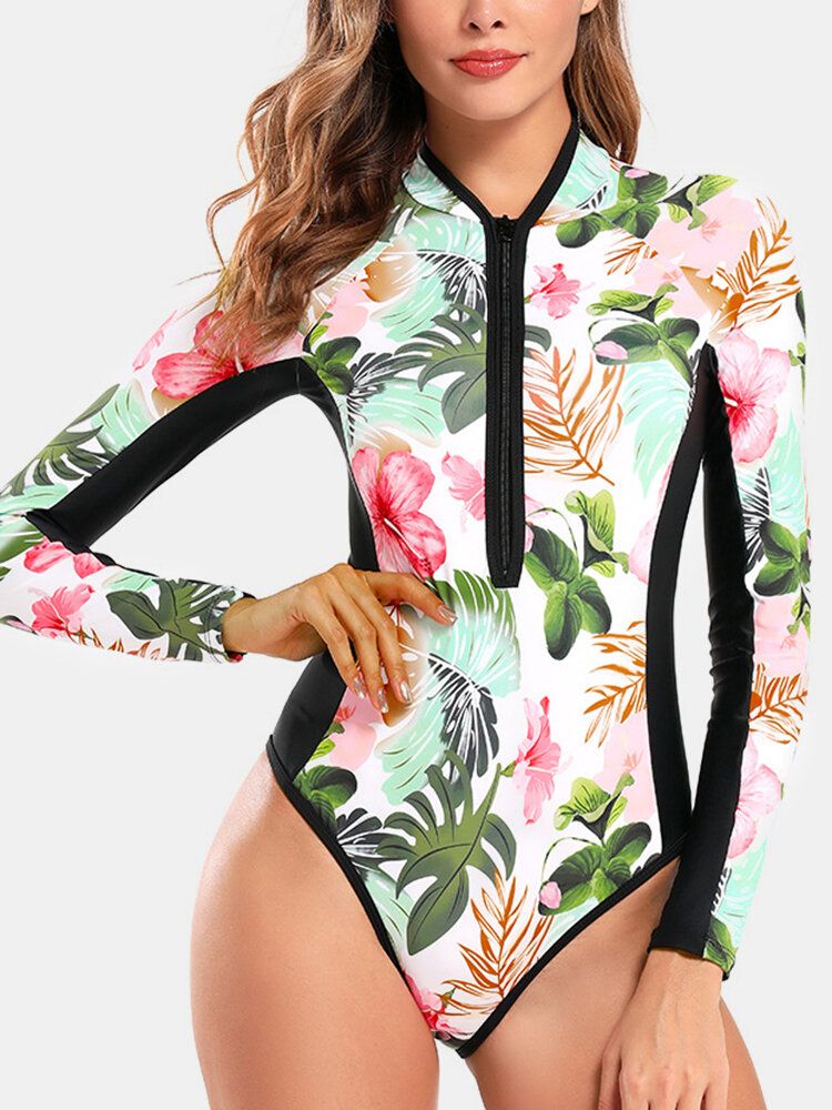 Kobiety Patchwork Floral Print Zip Wysoka Neck Z Długim Rękawem Odchudzanie Surfing Jednoczęściowe Stroje Kąpielowe