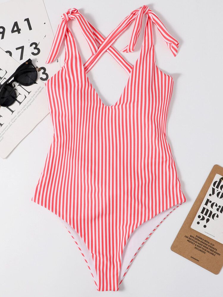 Kobiety Pinstripe Criss Cross Back Cute Bow Shoulder Jednoczęściowy Strój Kąpielowy Wyszczuplający