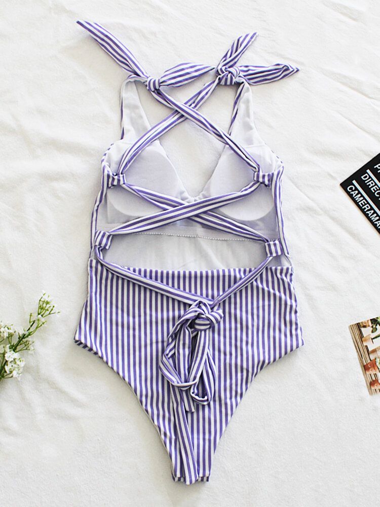 Kobiety Pinstripe Criss Cross Back Cute Bow Shoulder Jednoczęściowy Strój Kąpielowy Wyszczuplający