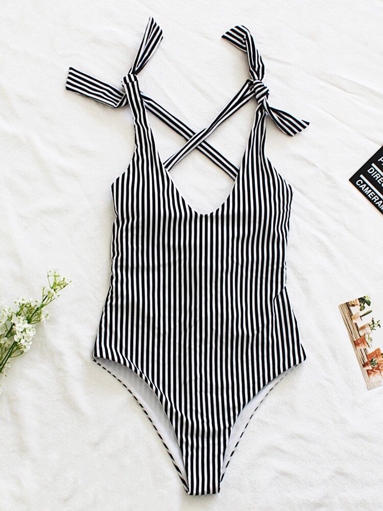 Kobiety Pinstripe Criss Cross Back Cute Bow Shoulder Jednoczęściowy Strój Kąpielowy Wyszczuplający