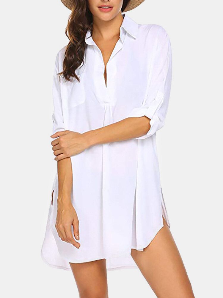 Kobiety Solid Color Cover Up Loose Sun Protection High-low Hem Beach Dress