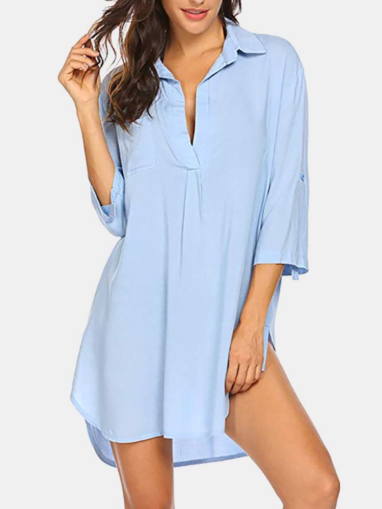 Kobiety Solid Color Cover Up Loose Sun Protection High-low Hem Beach Dress