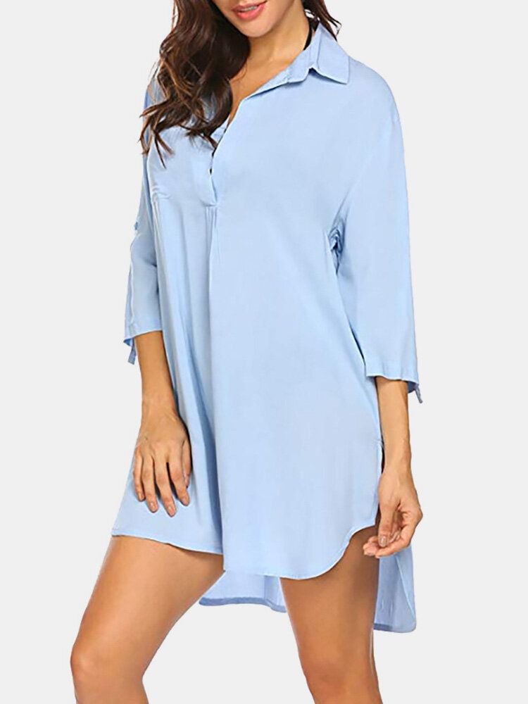 Kobiety Solid Color Cover Up Loose Sun Protection High-low Hem Beach Dress