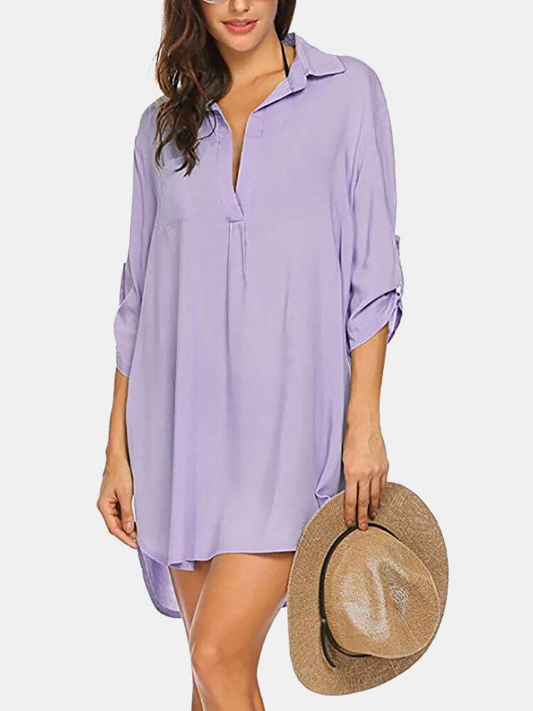 Kobiety Solid Color Cover Up Loose Sun Protection High-low Hem Beach Dress