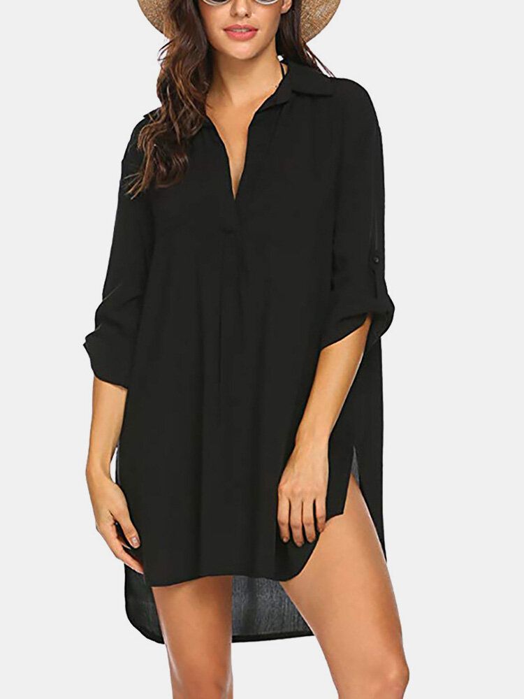 Kobiety Solid Color Cover Up Loose Sun Protection High-low Hem Beach Dress