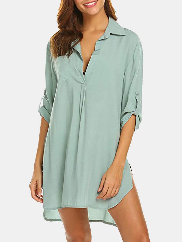 Kobiety Solid Color Cover Up Loose Sun Protection High-low Hem Beach Dress