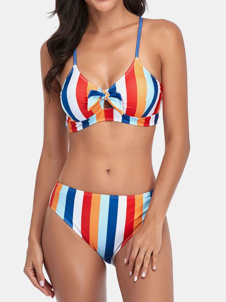 Kobiety Stripe Print Spaghetti Strap Wiązany Strój Kąpielowy Hawaii Bikini