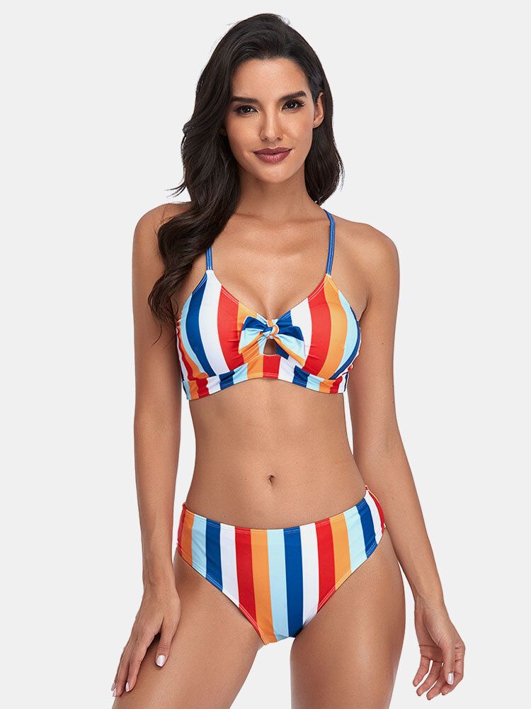 Kobiety Stripe Print Spaghetti Strap Wiązany Strój Kąpielowy Hawaii Bikini