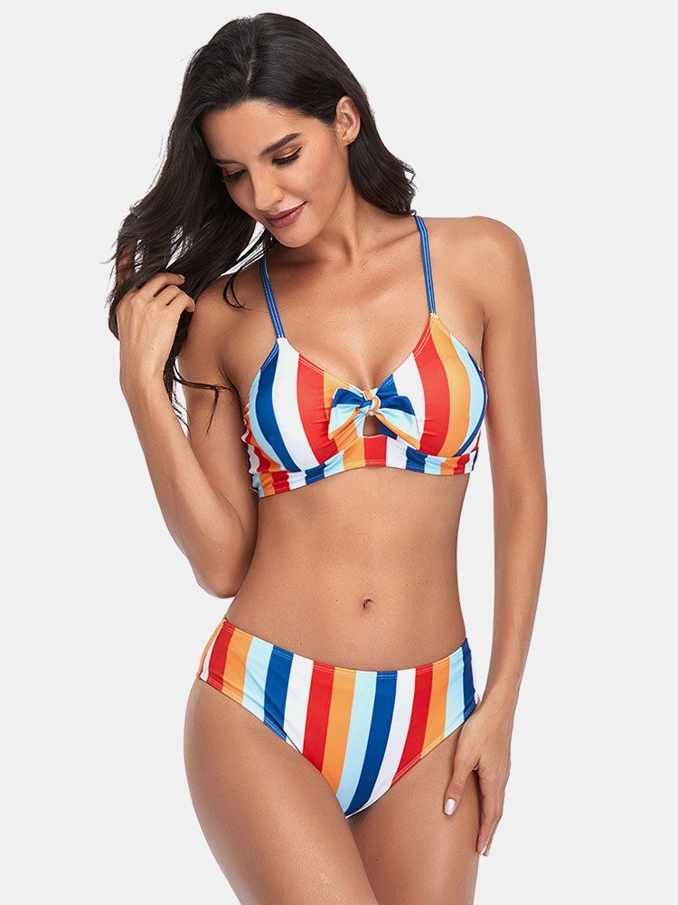 Kobiety Stripe Print Spaghetti Strap Wiązany Strój Kąpielowy Hawaii Bikini