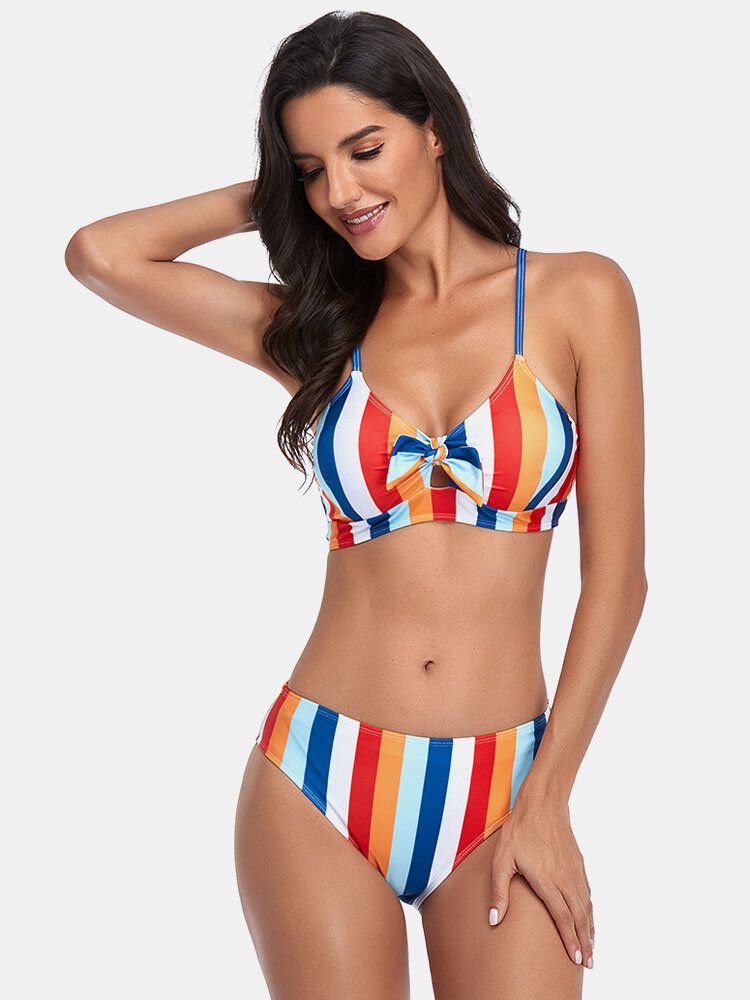 Kobiety Stripe Print Spaghetti Strap Wiązany Strój Kąpielowy Hawaii Bikini