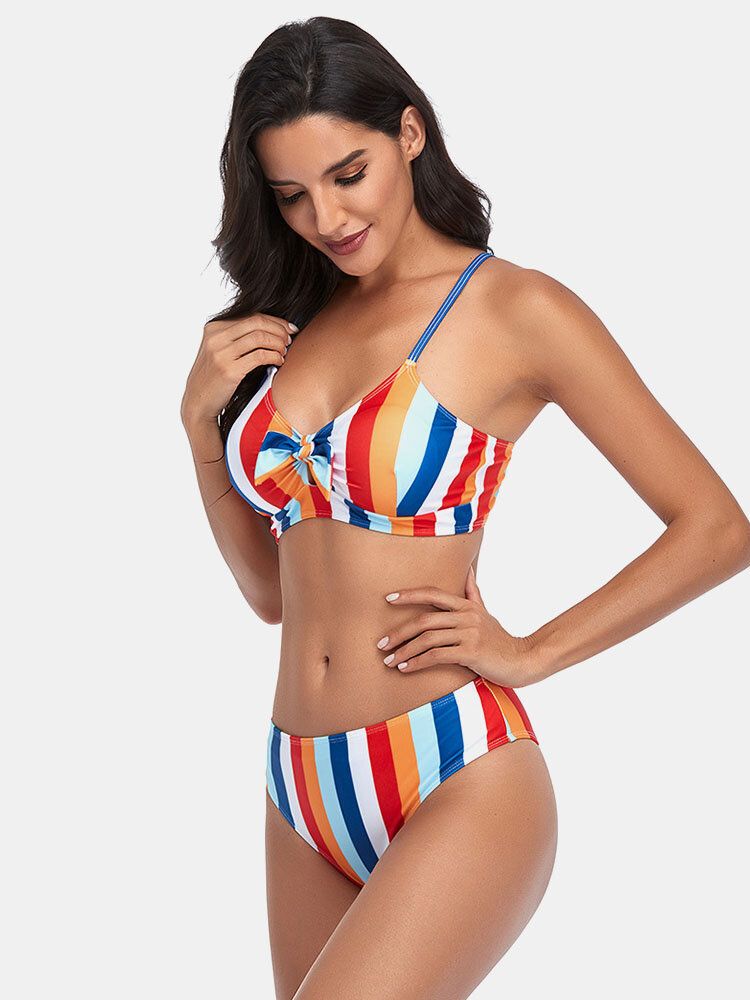 Kobiety Stripe Print Spaghetti Strap Wiązany Strój Kąpielowy Hawaii Bikini