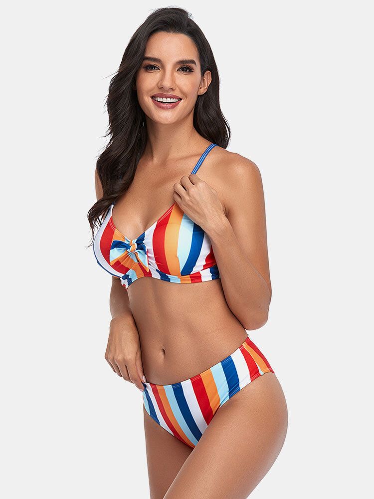 Kobiety Stripe Print Spaghetti Strap Wiązany Strój Kąpielowy Hawaii Bikini