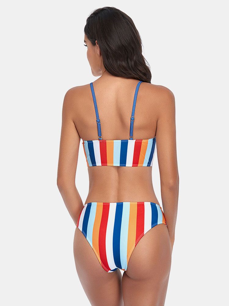 Kobiety Stripe Print Spaghetti Strap Wiązany Strój Kąpielowy Hawaii Bikini