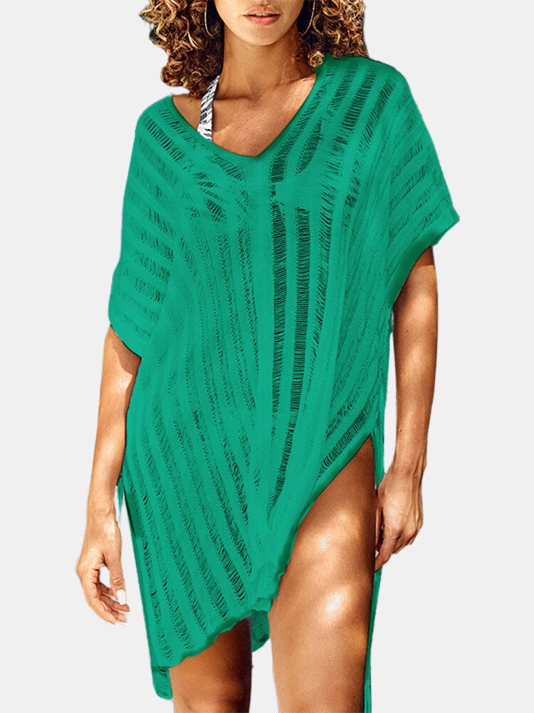 Kobiety V-neck Crochet Hollow Out Solid Color Sun Protection Cover Ups